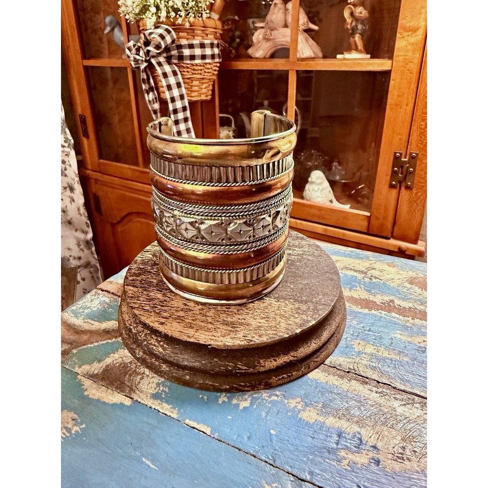 Vintage Wide Mixed Metal Cuff Bracelet Copper Brass Silver Tone Boho Statemen